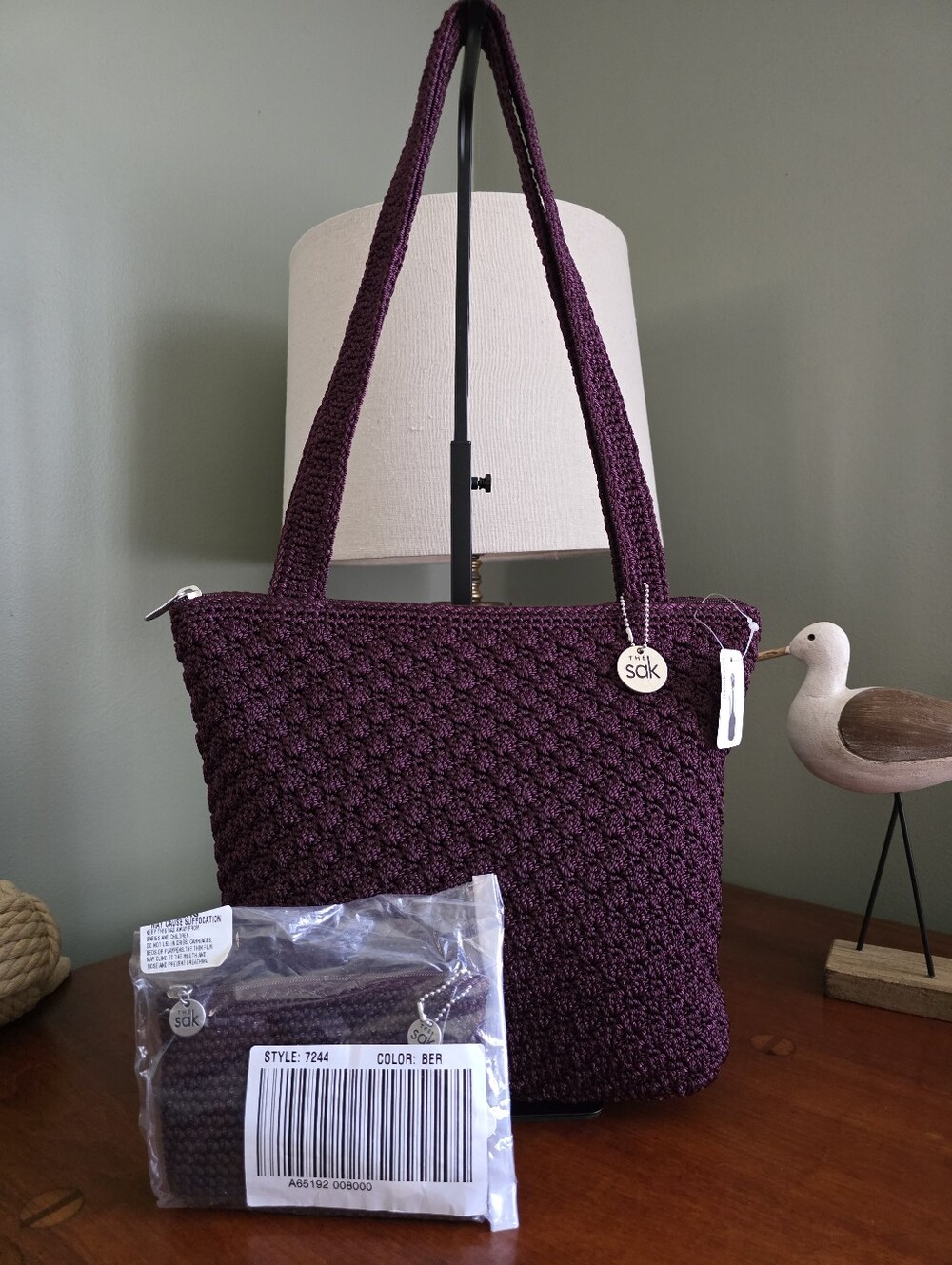 The Sak Elliott Lucca Berry Purple Crochet Shoulder Bag Matching Pouch NWT